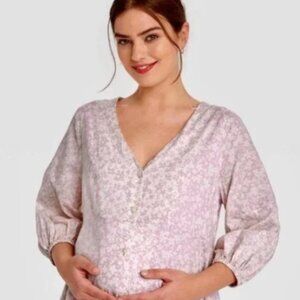 The Nines by HATCH Floral Purple Poplin Maternity Midi Dress